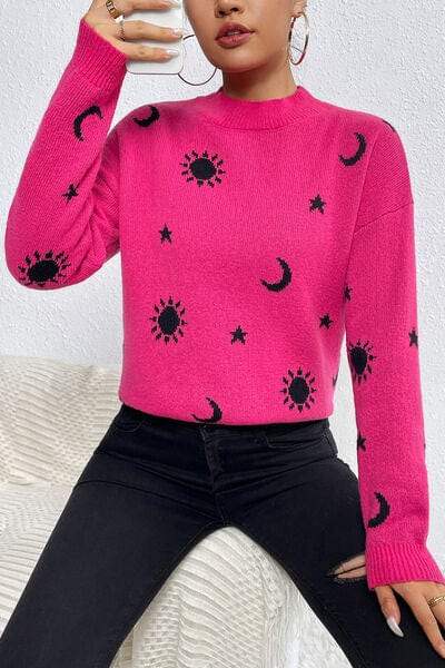 Graphic Mock Neck Dropped Shoulder Sweater - Trendsi - Flyclothing LLC