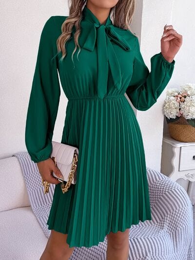 Tie Neck Balloon Sleeve Pleated Dress - Trendsi