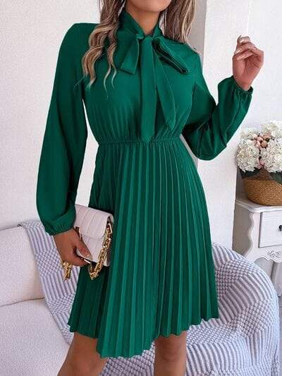Tie Neck Balloon Sleeve Pleated Dress - Trendsi - Flyclothing LLC