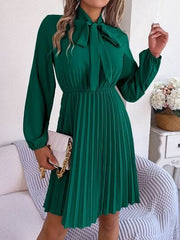 Tie Neck Balloon Sleeve Pleated Dress - Trendsi
