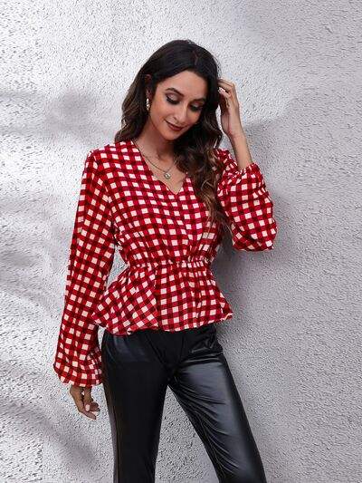 Plaid V-Neck Balloon Sleeve Peplum Blouse - Trendsi - Flyclothing LLC