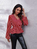 Plaid V-Neck Balloon Sleeve Peplum Blouse - Trendsi - Flyclothing LLC