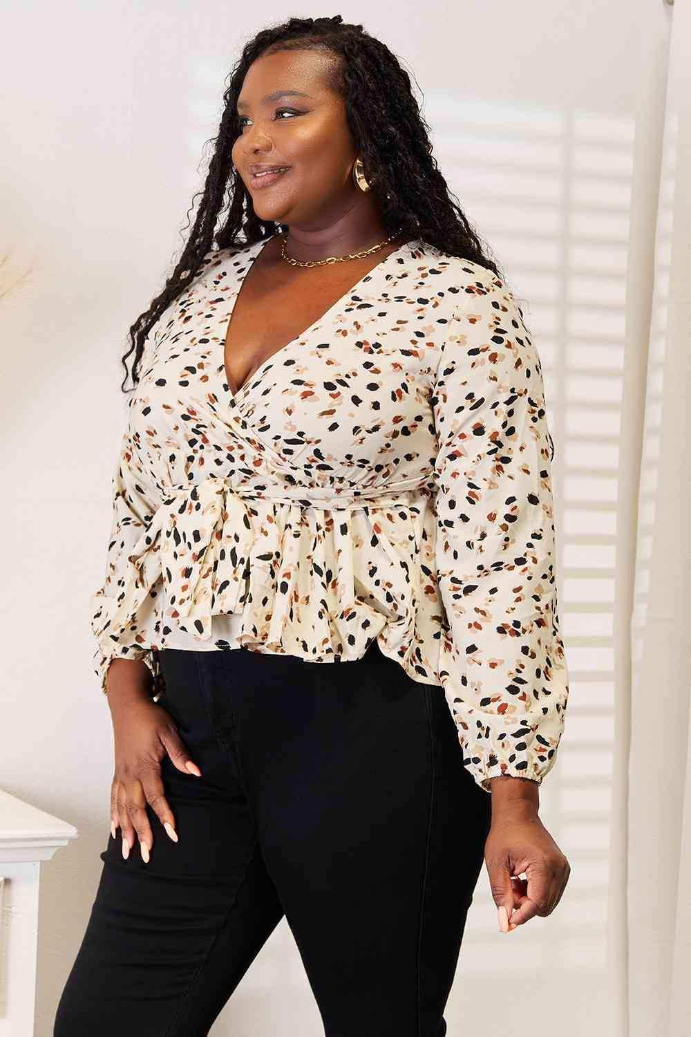 Double Take Printed Tied Plunge Peplum Blouse - Trendsi - Flyclothing LLC