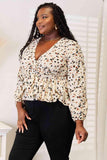 Double Take Printed Tied Plunge Peplum Blouse - Trendsi