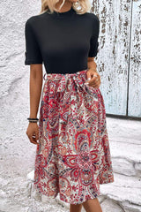 Printed Short Sleeve Belted Dress - Trendsi - Flyclothing LLC