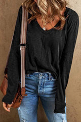 Exposed Seam V-Neck Long Sleeve T-Shirt - Trendsi - Flyclothing LLC