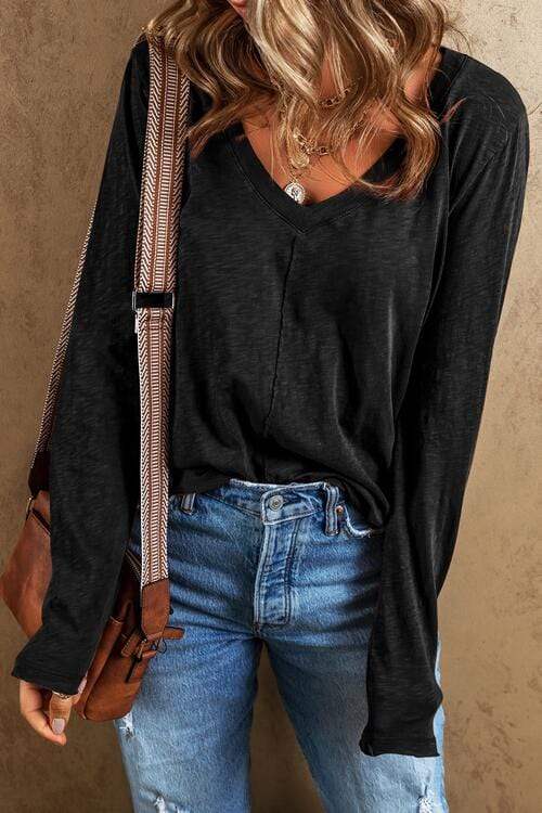 Exposed Seam V-Neck Long Sleeve T-Shirt - Trendsi - Flyclothing LLC