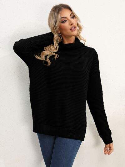 Slit Turtleneck Dropped Shoulder Sweater - Trendsi - Flyclothing LLC