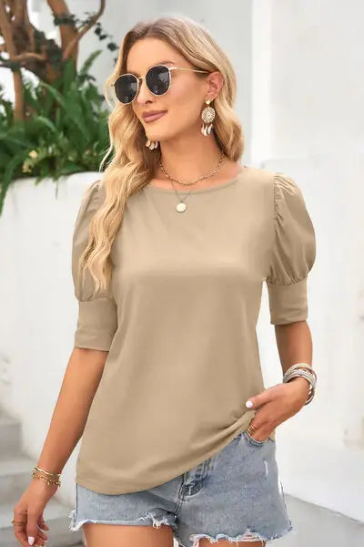 Round Neck Lantern Sleeve Blouse - Trendsi - Flyclothing LLC