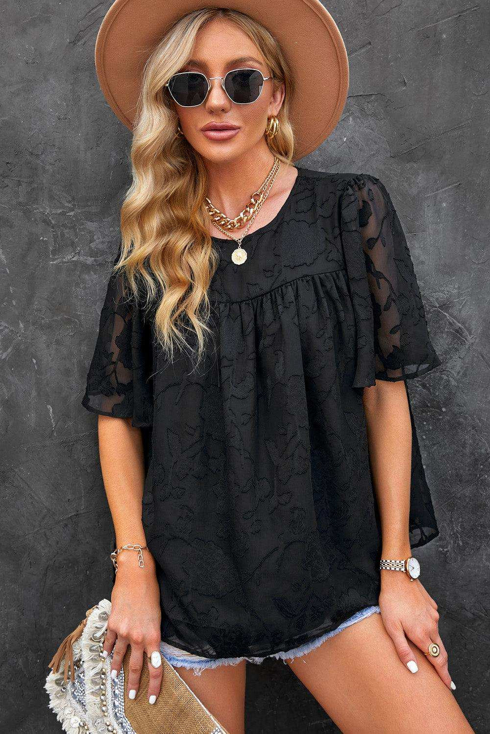 Round Neck Puff Sleeve Blouse - Trendsi - Flyclothing LLC