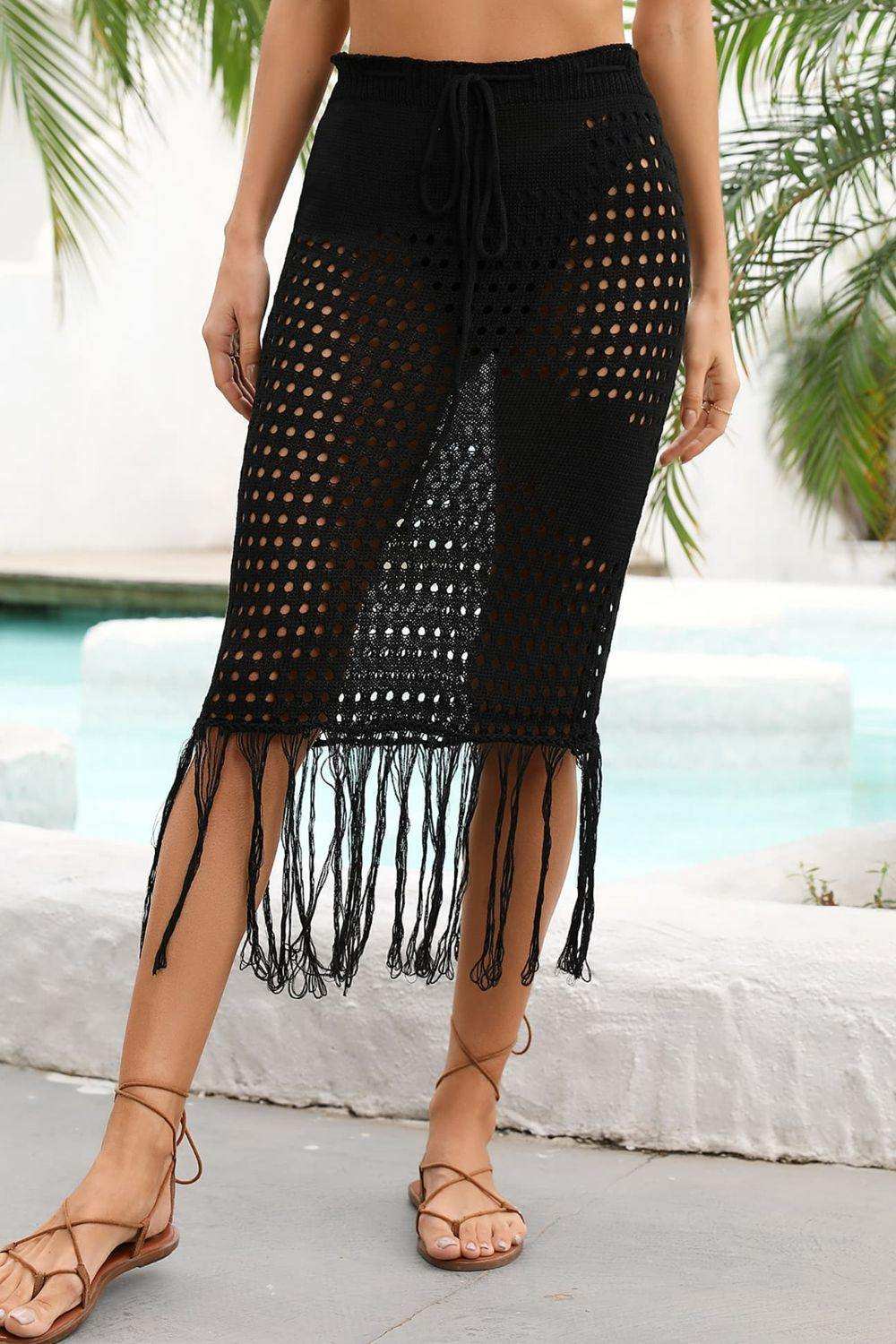 Fringe Hem Drawstring Waist Openwork Skirt - Trendsi - Flyclothing LLC