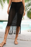 Fringe Hem Drawstring Waist Openwork Skirt - Trendsi