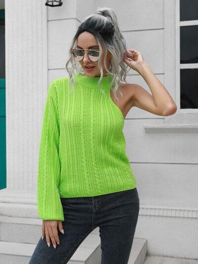 Cable-Knit Round Neck Asymmetrical Sweater - Trendsi