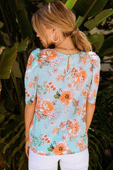 Summer Lover Floral Puff Sleeve Round Neck Blouse - Flyclothing LLC