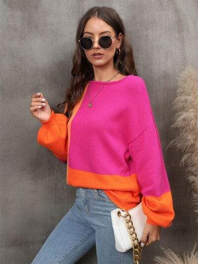 Color Block Round Neck Sweater - Trendsi - Flyclothing LLC