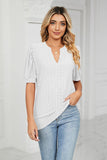 Eyelet Short Puff Sleeve Notched Neck Top - Trendsi