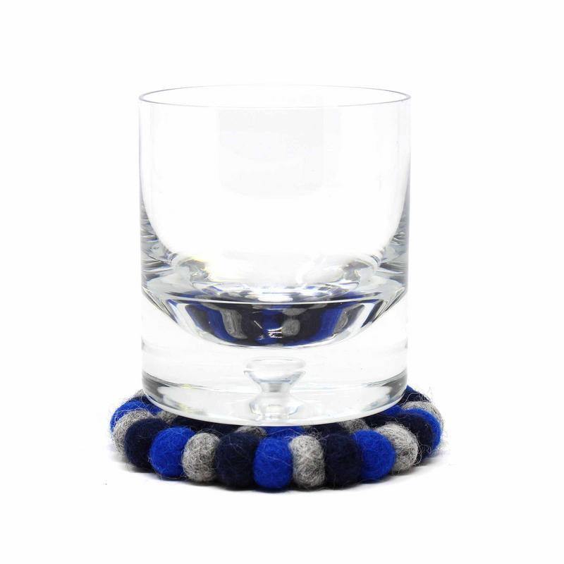 Hand Crafted Felt Ball Coasters from Nepal: 4-pack, Chakra Dark Blues - Global Groove (T) - Global Groove