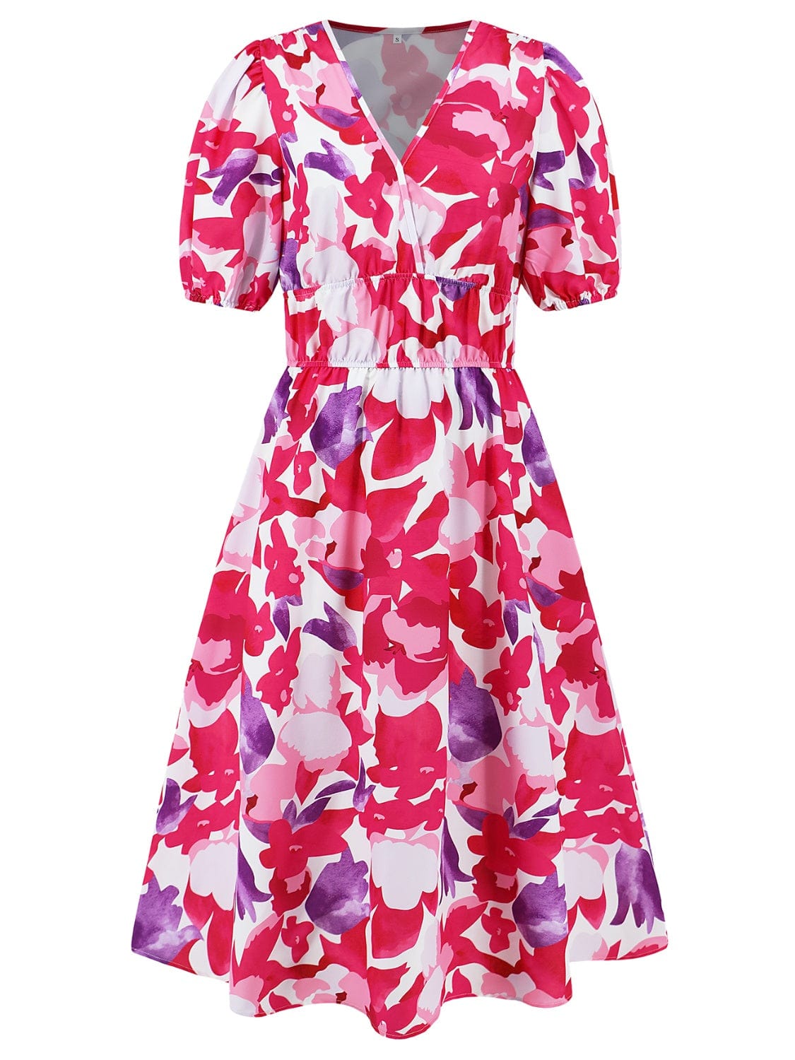Ruched Printed Surplice Short Sleeve Dress - Trendsi