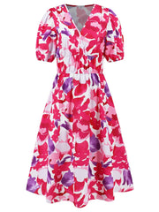 Ruched Printed Surplice Short Sleeve Dress - Trendsi