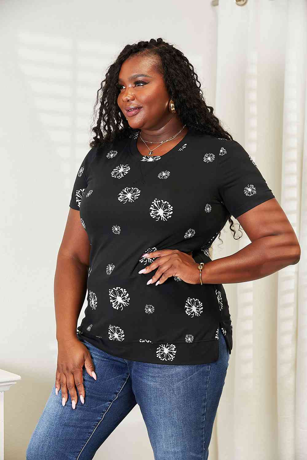 Double Take Dandelion Print Round Neck T-Shirt - Trendsi - Flyclothing LLC