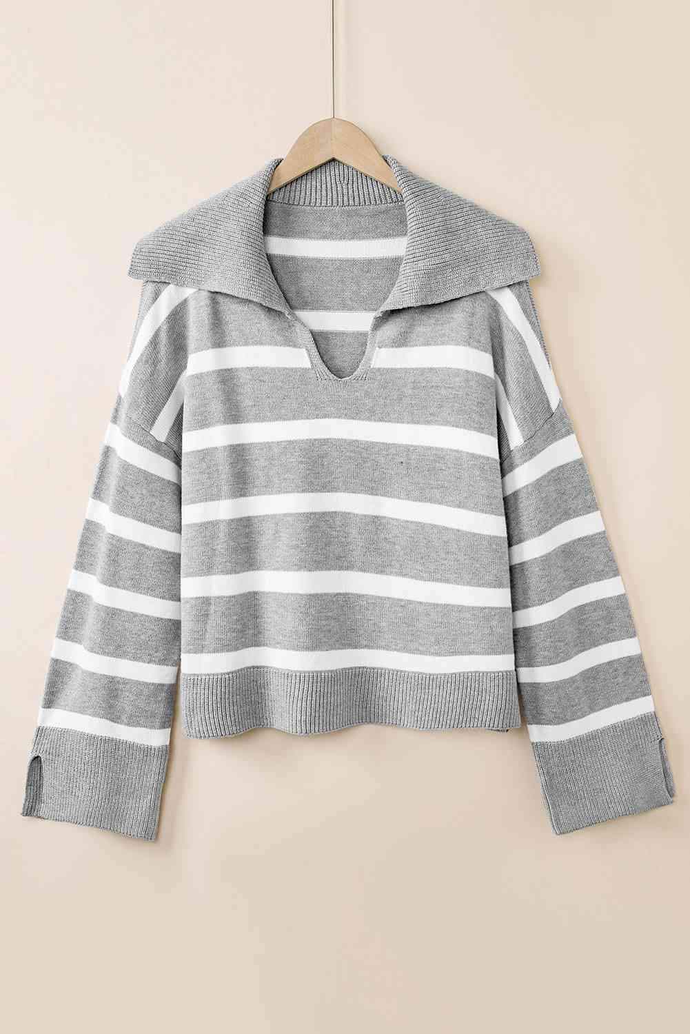 Striped Collared Neck Slit Sweater - Trendsi - Flyclothing LLC