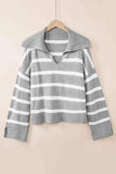Striped Collared Neck Slit Sweater - Trendsi - Flyclothing LLC