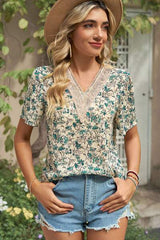 Floral V-Neck Short Sleeve T-Shirt - Trendsi - Flyclothing LLC