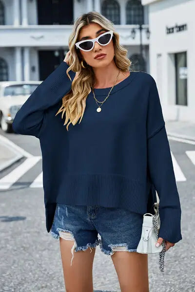 High-Low Slit Round Neck Long Sleeve Sweater - Trendsi - Flyclothing LLC