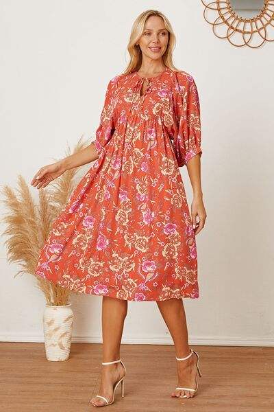 Floral Tie Neck Half Sleeve Dress - Trendsi - Flyclothing LLC