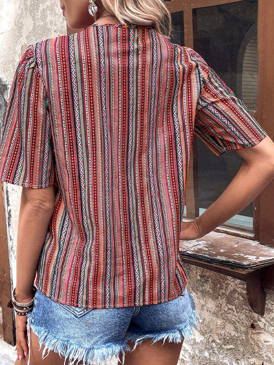 Printed V-Neck Button-Up Short Sleeve Top - Trendsi - Flyclothing LLC