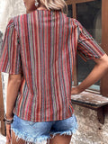 Printed V-Neck Button-Up Short Sleeve Top - Trendsi
