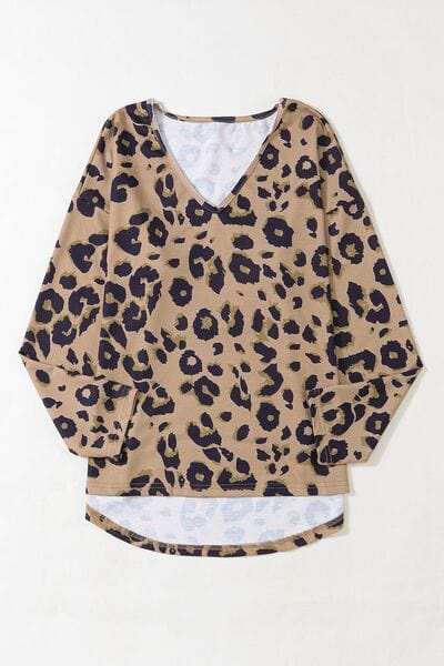 Leopard V-Neck Dropped Shoulder Blouse - Trendsi - Flyclothing LLC