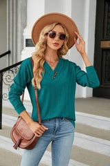 Decorative Button V-Neck Long Sleeve T-Shirt - Trendsi
