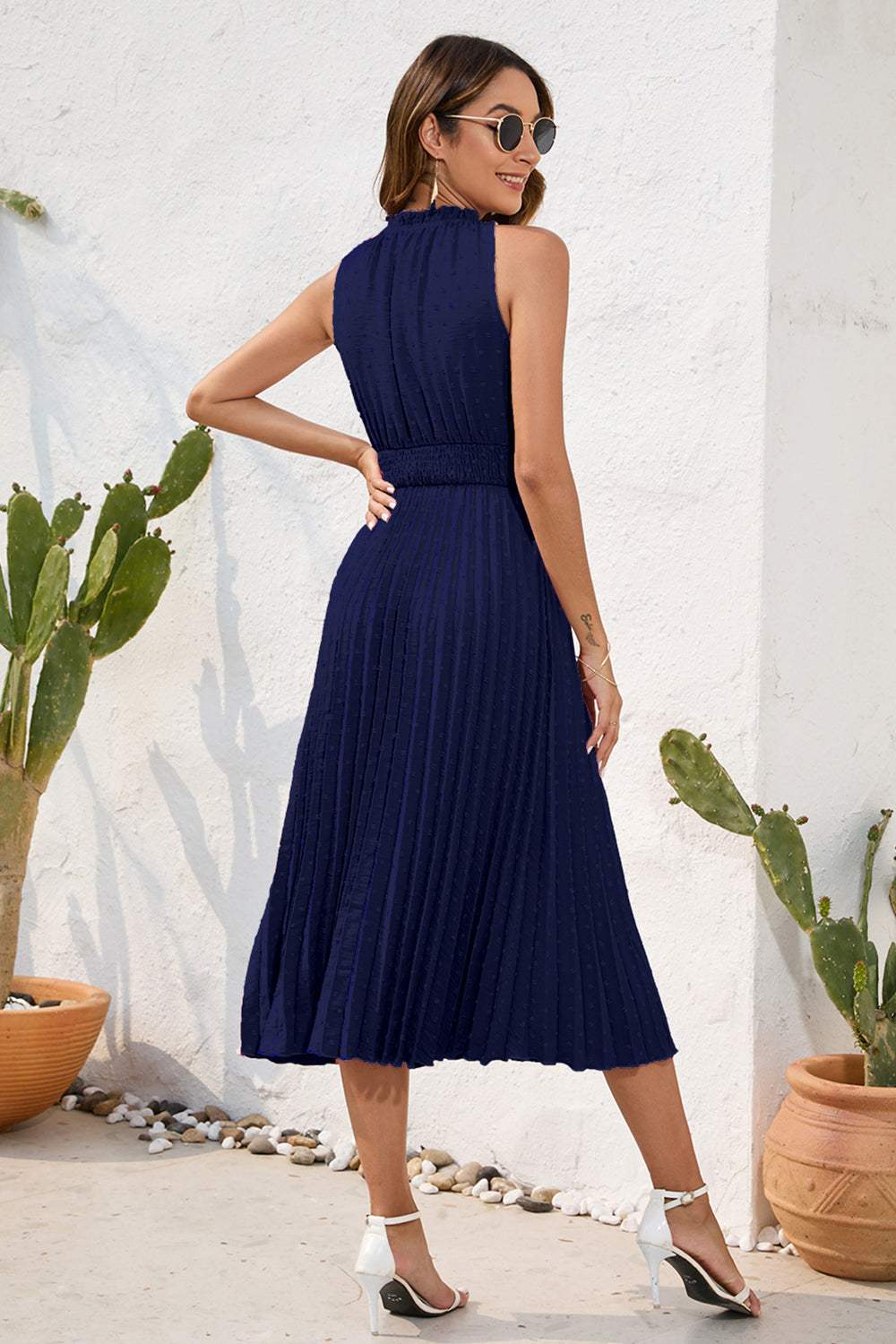 Swiss Dot Tie Neck Sleeveless Dress - Trendsi - Flyclothing LLC
