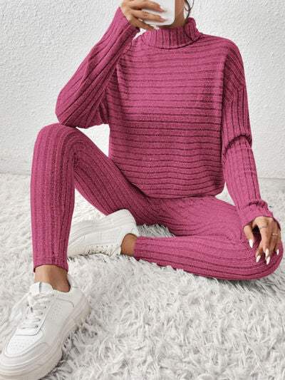 Ribbed Turtleneck Top and Pants Set - Trendsi - Flyclothing LLC