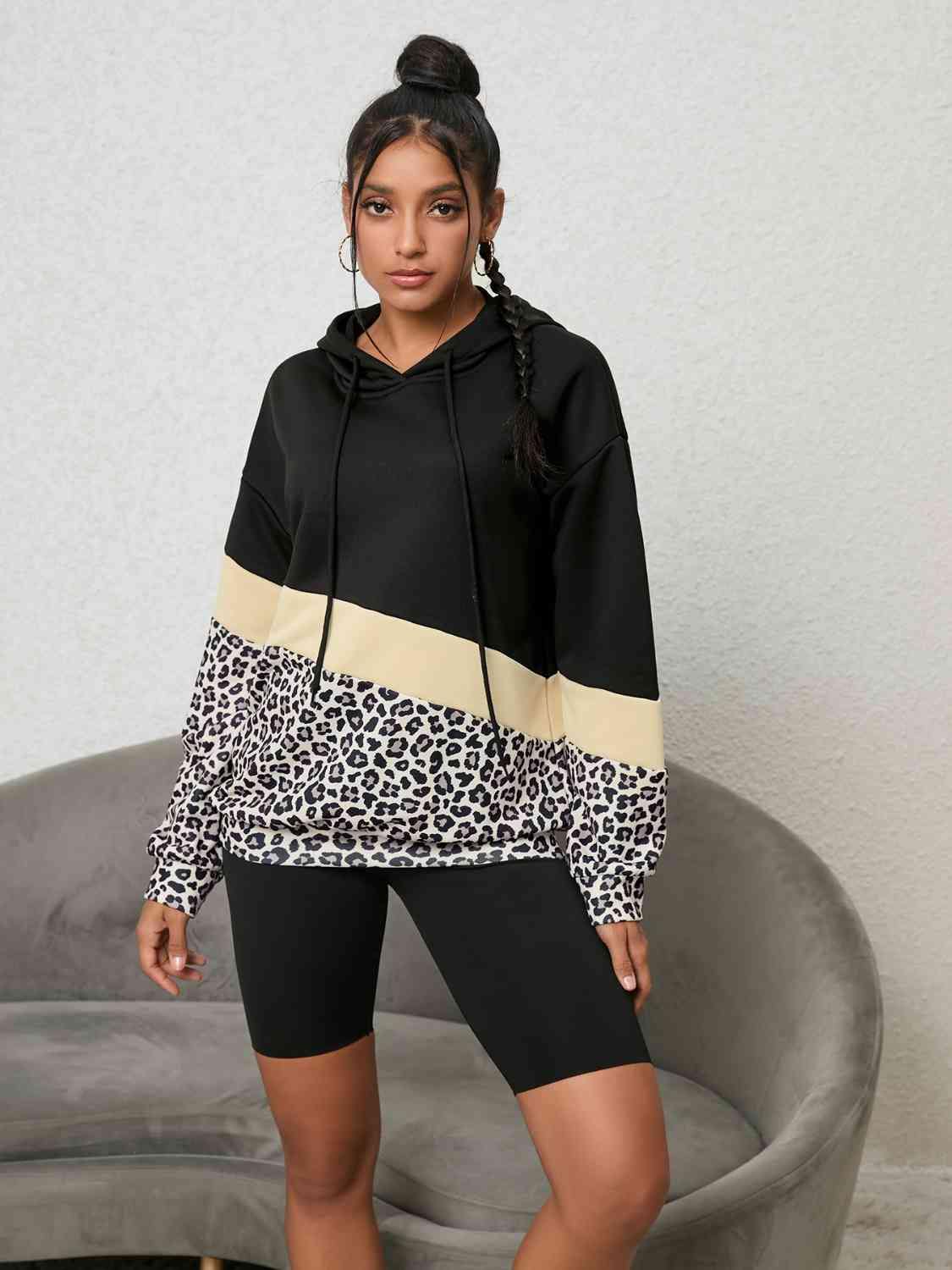 Leopard Color Block Hoodie - Trendsi