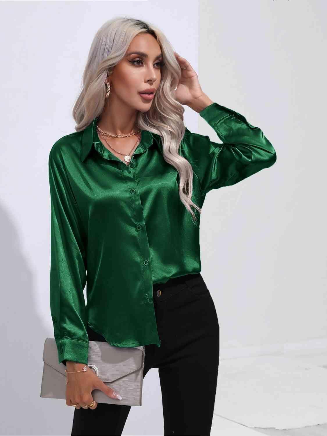 Collared Neck Buttoned Long Sleeve Shirt - Trendsi