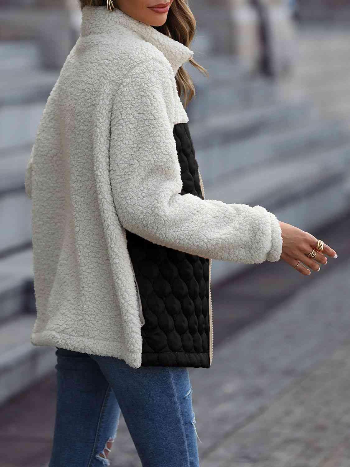 Leopard Color Block Zip-Up Jacket - Trendsi