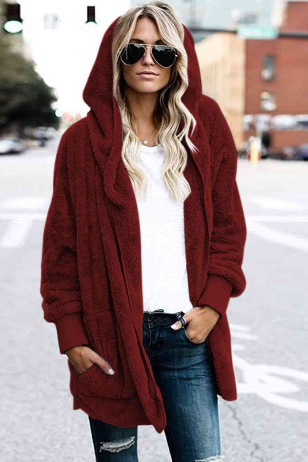 Teddy Hooded Jacket with Pockets - Trendsi - Flyclothing LLC