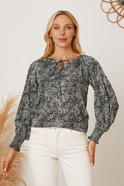 Printed Tie Neck Lantern Sleeve Blouse - Trendsi