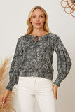 Printed Tie Neck Lantern Sleeve Blouse - Trendsi