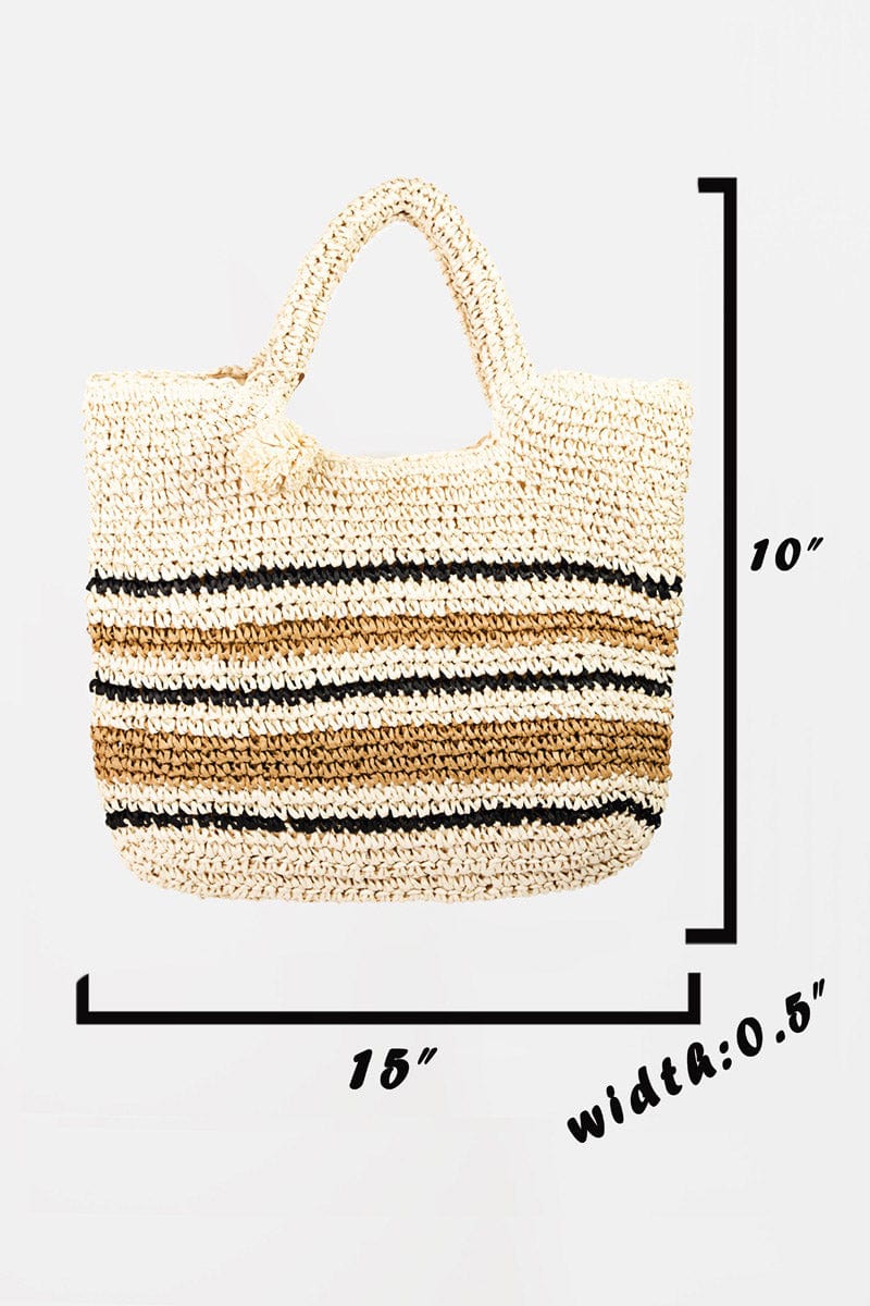 Fame Striped Straw Braided Tote Bag - Trendsi