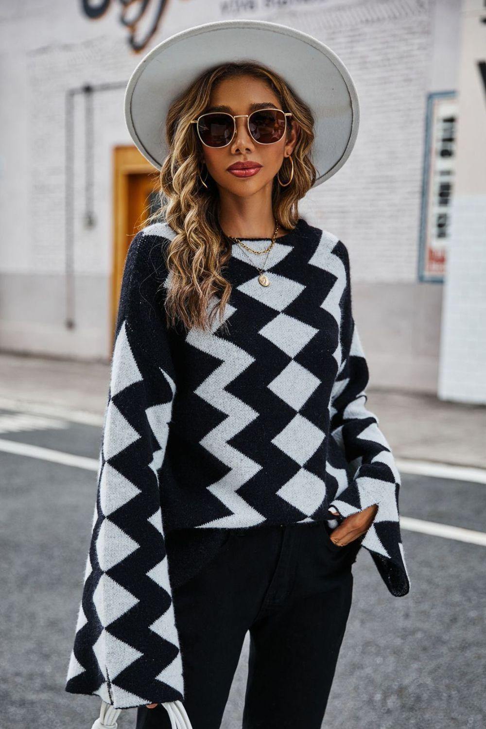 Geometric Slit Flare Sleeve Round Neck Sweater - Trendsi