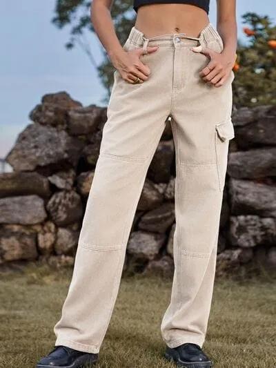 High Waist Cargo Straight Jeans - Trendsi