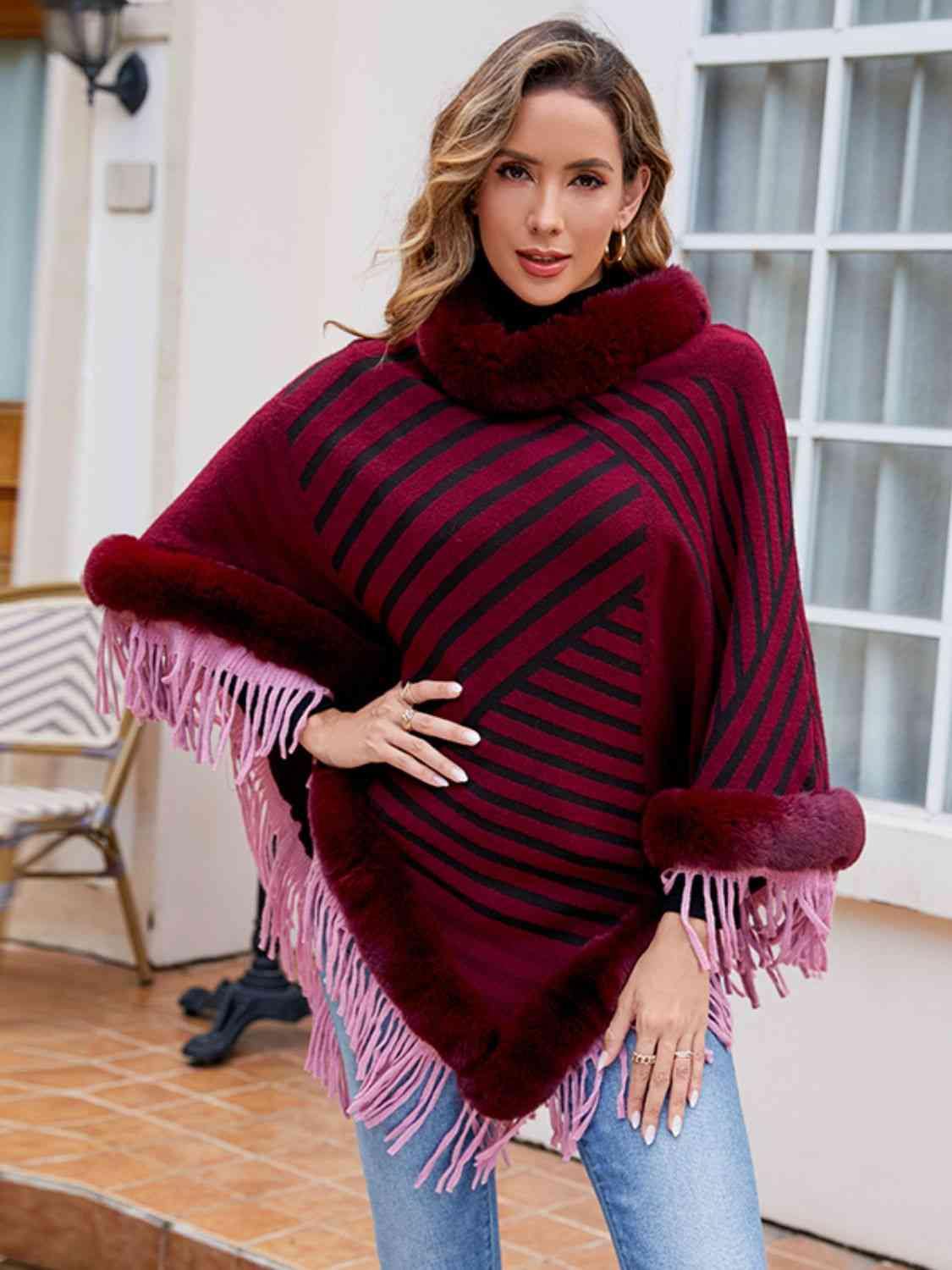 Striped Fringe Hem Poncho - Trendsi