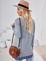 Crochet Contrast V-Neck Long Sleeve Slit T-Shirt - Trendsi - Flyclothing LLC