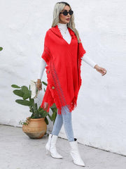 Fringe Trim Buttoned Hooded Poncho - Trendsi