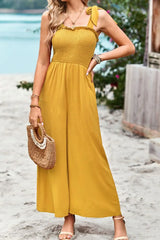 Frill Trim Tie Shoulder Wide Leg Jumpsuit with Pockets - Trendsi - Flyclothing LLC