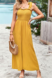 Frill Trim Tie Shoulder Wide Leg Jumpsuit with Pockets - Trendsi