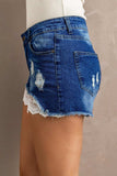 Spliced Lace Distressed Denim Shorts - Trendsi - Flyclothing LLC